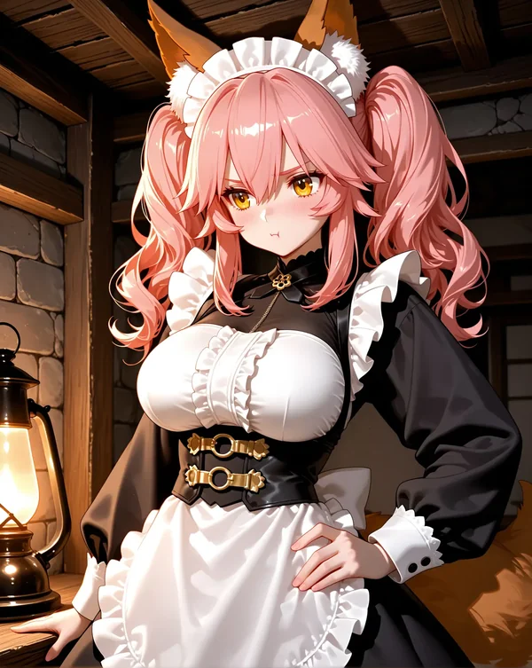 Erwachsene Anime-Figur mit Fuchsohren und rosa Haar
