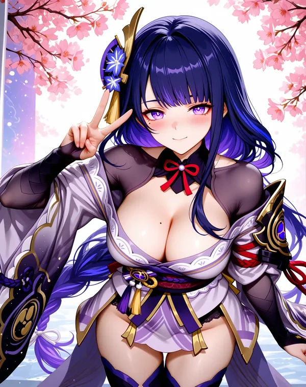 Erwachsene Anime-Figur mit violettem Haar in traditioneller Kleidung