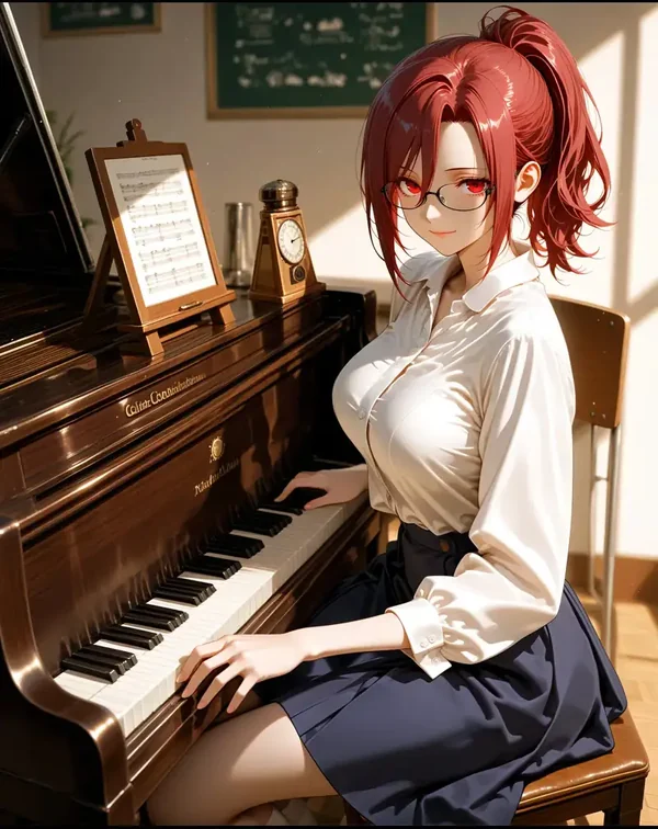 Erwachsene Anime-Figur mit rotem Haar und Brille am Klavier