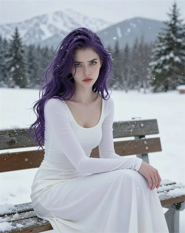 Fiktive Frau mit violettem Haar und weißem Kleid im Schnee