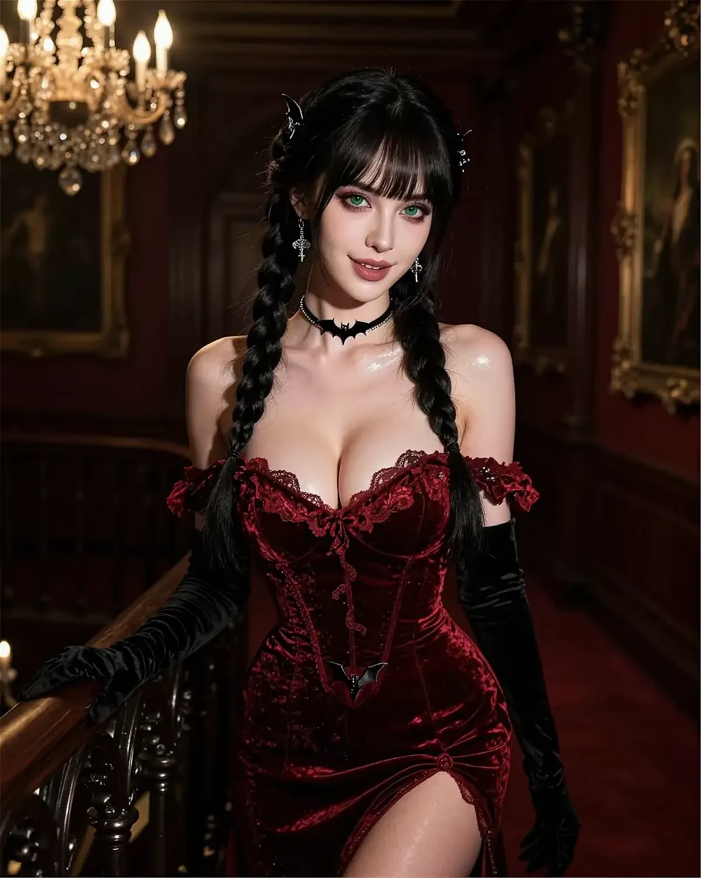 Fictional adult Claire with braided dark hair in burgundy velvet beside a chandelier-lit staircase